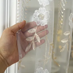 Detailed view of white sheer curtain featuring elegant floral embroidery and delicate texture.