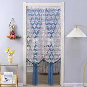 Detailed view of the double-layer lace floral door curtain in a cozy room setting partition.