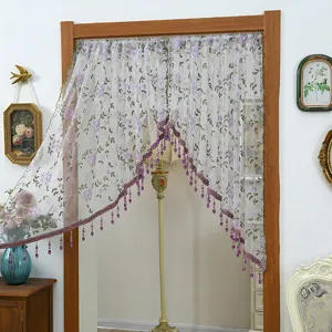 Decorative lace door curtain with purple bead fringe and floral embroidery for bedroom home decor