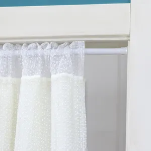 Detail shot of white lace curtain detail texture hanging on tension rod for home room partition.