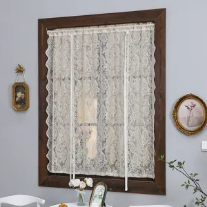 White lace curtain with delicate floral patterns, perfect for vintage home decor and privacy.