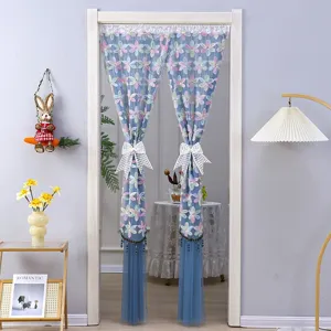 Blue double layer lace door curtain with floral embroidery and white bows for bedroom.