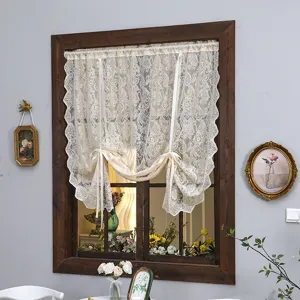 French vintage lace tier curtain for living room, white semi-sheer cafe curtain for privacy.