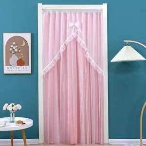 Pink double-layer lace door curtain with bow detail, elegant room partition for home decor.