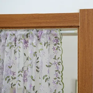 Sheer lace door curtain with elegant purple floral embroidery and tension rod, half curtain.