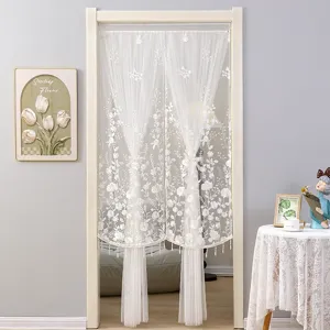 Cortina de puerta bordada de encaje blanco para dormitorio, elegante cortina colgante de malla.