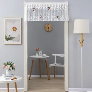 White lace short curtain with cherry embroidery, elegant door valance for home decor.