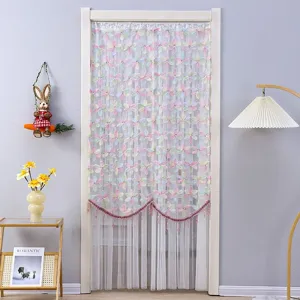 Double layer lace door curtain with colorful floral design and mesh privacy partition for room.