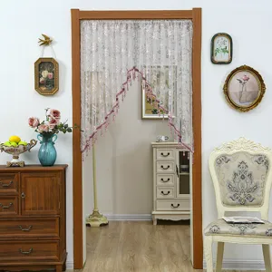 Lace door curtain with floral embroidery and bead fringe, elegant privacy half curtain for bedroom.