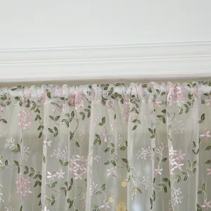 French vintage floral embroidered short curtain detail, delicate lace sheer fabric for decor.