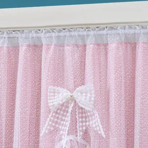 Pink lace door curtain detail, double layer sheer partition curtain with bow knot decor.