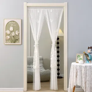 Cortina de puerta de encaje blanco visillo separador de dormitorio sin perforación con lazos