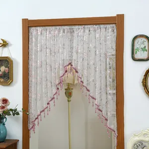 Decorative lace door curtain with beads, floral mesh fabric half curtain for bedroom privacy.