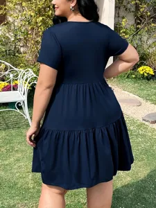 Plus size navy blue short sleeve tiered ruffle hem mini dress casual stylish summer wear