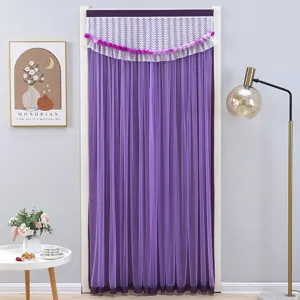 Purple door curtain with lace gauze and pom-poms, elegant room partition shading cloth.
