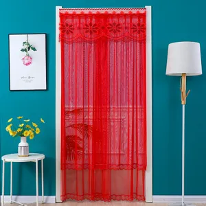 Red lace door curtain for home decor, beautiful hanging partition curtain for room doorway.