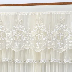 Elegant white lace door curtain with vintage embroidered floral patterns and double ruffles.