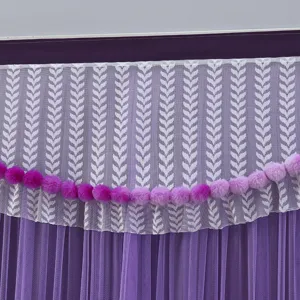 Short lace curtain with purple pom pom fringe, sheer leaf pattern valance for bedroom door.