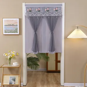 Grey short door curtain with floral embroidery and tassel, ideal for kitchen and bathroom use.