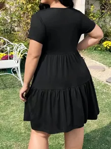 Women's casual solid color short sleeve tiered mini dress, elegant and stylish style.