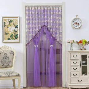 Purple lace door curtain partition mesh tulle curtain with decorative beads and elegant butterfly pattern.