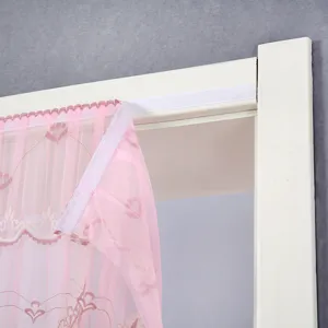 Pink lace mesh door curtain detail view, punch-free hook and loop installation design.