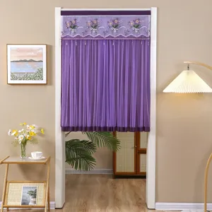 Purple half door curtain sheer fabric with floral embroidery and dual-use hanging for home.