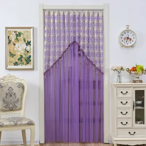 Purple lace door curtain bedroom partition hanging curtain with gold print and beaded decor detail.