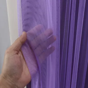 Purple sheer curtain fabric close-up, breathable mesh design for home decoration detail.