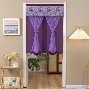 Purple sheer door curtain with exquisite embroidery and beads for kitchen and bathroom privacy.