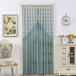 Detailed scene view of elegant blue lace door curtain, sheer mesh room partition.