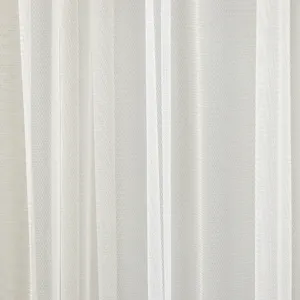 Close-up detail shot of white sheer curtain mesh fabric, soft vertical folds, texture.