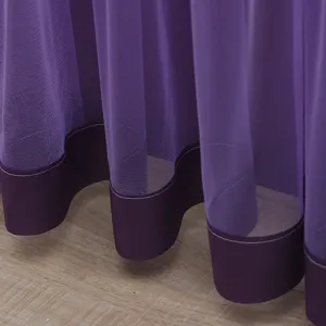 Purple sheer curtain detail closeup, elegant mesh fabric with solid hem for bedroom door partition.