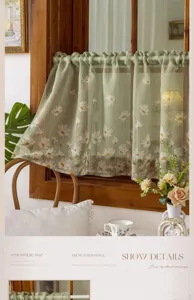 Pastoral style semi-transparent short curtain with white daisy floral print for cozy room decor.