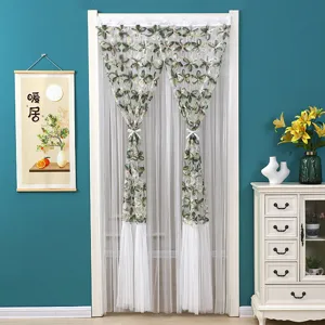 Floral lace door curtain, sheer mosquito net partition for bedroom and bathroom, elegant home decor.