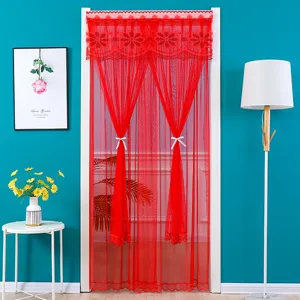 Red lace door curtain, wedding anti-mosquito mesh partition, home decor hanging curtain detail.