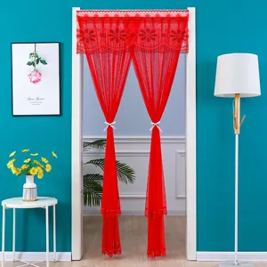 Red lace door curtain detail view, elegant floral embroidery mesh hanging partition curtain.
