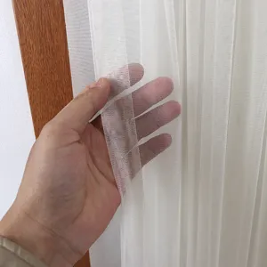 White sheer mesh door curtain fabric detail, lightweight breathable sheer curtain for bedroom use.