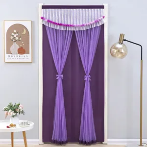 Purple door curtain with sheer lace overlay and pom-pom trim, elegant room divider for home.