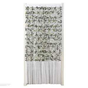 Floral lace door curtain with green flowers and white fringe for bedroom room partition.