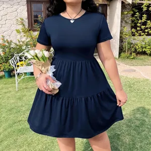 Women's Casual Solid Color Short Sleeve Crew Neck Tiered Ruffle Hem Midi Dress Plus Size Fashion Clothing
