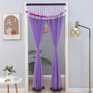 Purple lace door curtain half curtain bedroom partition curtain decorative sheer curtain with pom poms