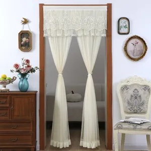 Beige lace door curtain for bedroom, elegant sheer fabric partition curtain free.