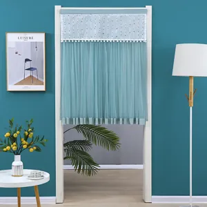 Rideau de porte en dentelle bleue double couche, voilage tulle occultant avec pompons mignons.