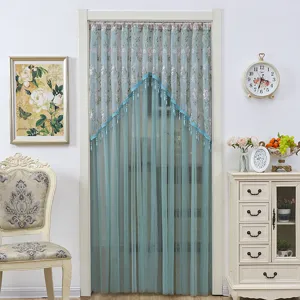 Teal lace door curtain with floral pattern and beaded valance, elegant partition for bedroom.