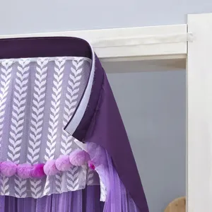 Punch-free purple door curtain with white lace and cute pom-pom trim for bedroom decor.