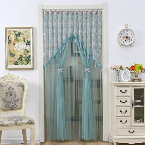 Green lace door curtain European style sheer partition curtain elegant floral embroidery decor