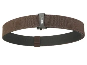 Close-up of brown double-layer nylon tactical belt with black automatic TUSHI buckle