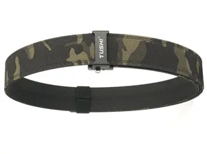 Close-up of double-layer tactical nylon belt with camouflage pattern and buckle