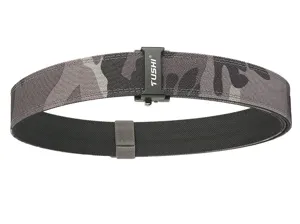 Macro view of grey camouflage tactical belt featuring an automatic metal buckle detail